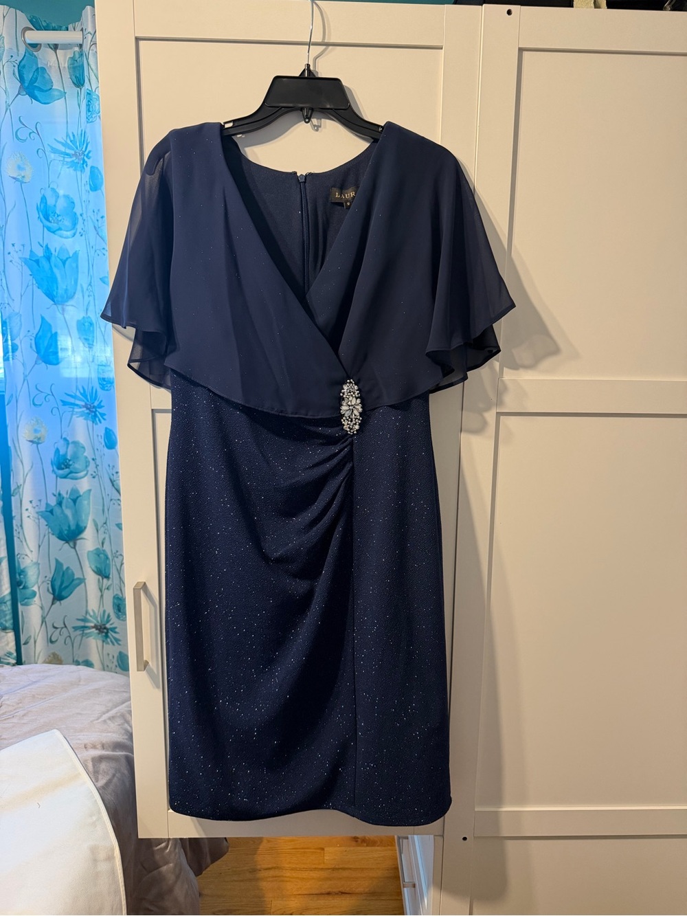 Sparkling Navy Midi Dress with Rhinestone Brooch- NWT